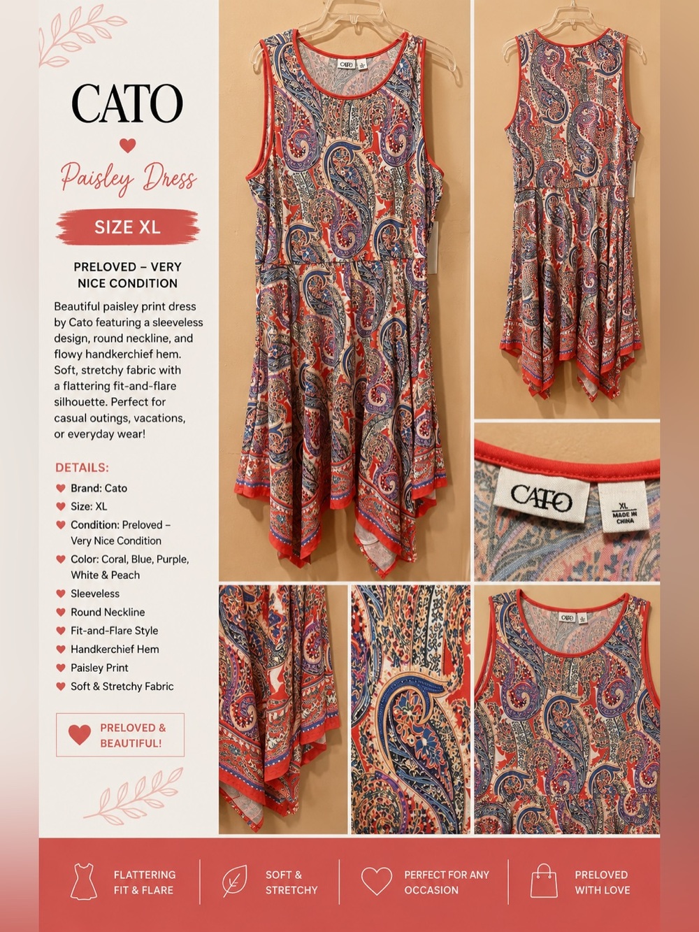 Cato Paisley Dress Maxi Dress Red & Blue XL Preloved